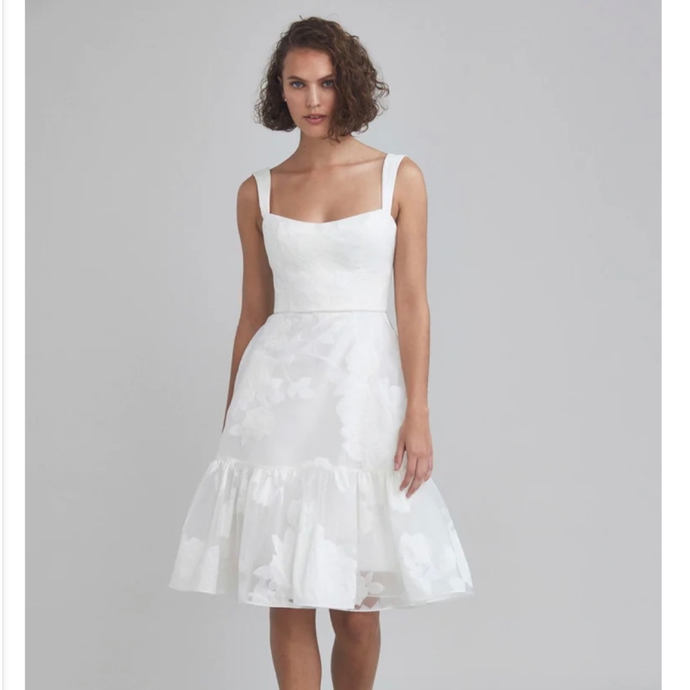 White rose fil-coupé curved neckline with straps, A-line dress. Style # LW-196